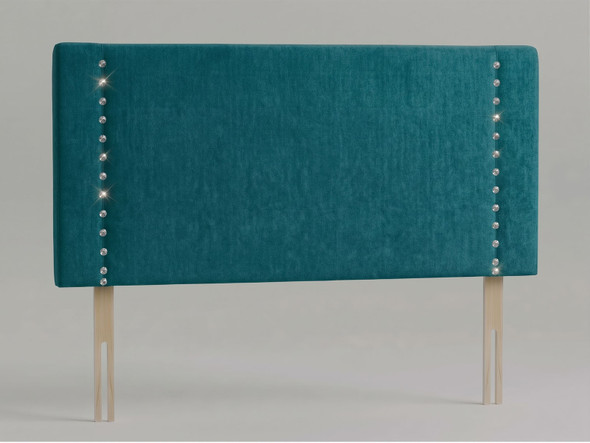 Astor Glamour diamante studded headboard in Teal Atlanta fabric with straight rectangular profile and vertical crystal tufting