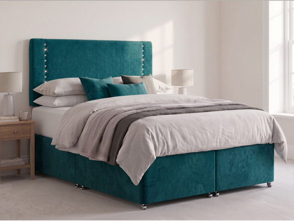Astor Glamour diamante studded headboard in Teal Atlanta fabric shown with a matching divan bed set