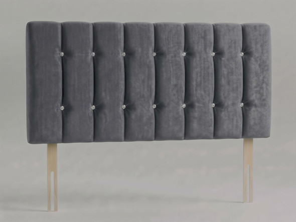 Monaco bed headboard in Steel Grey Atlanta fabric with vertical fluted channels, two rows of diamante buttons and wooden fixing struts