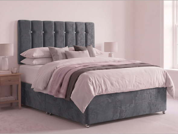 Monaco fluted buttoned headboard in Charcoal Velvet fabric with diamante buttons, shown with a matching divan bed set