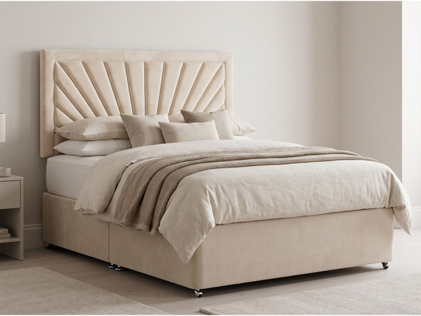 Artemis starburst headboard in White Ivory Atlanta fabric shown with a matching divan bed set
