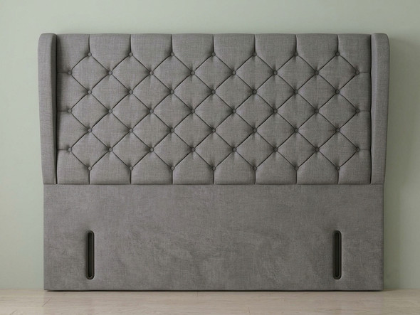 Three floor-standing headboards displayed side by side in grey tweed wool-textured fabric.