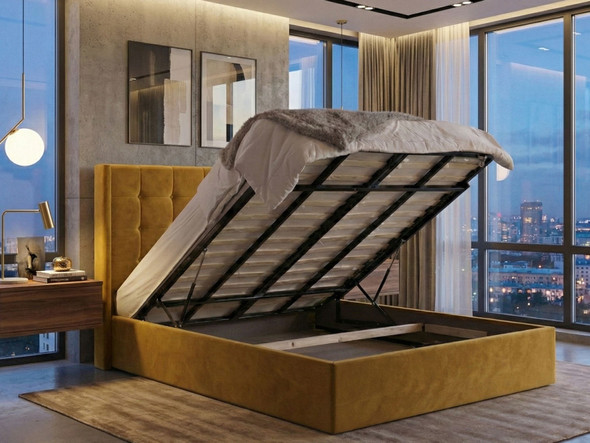 Elegant Georgia Ottoman Bed featuring wing design, deep-button tufting, and customizable button options for a stylish bedroom.