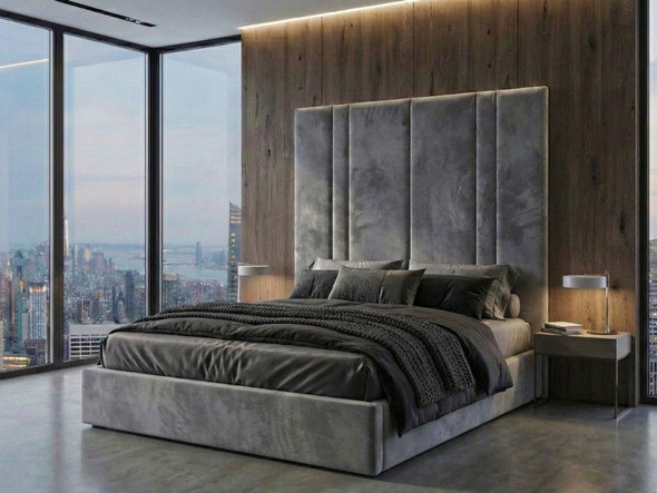 Bespoke wall-mounted headboard panel with vertical lines, designed to elevate bedroom style to a luxurious hotel experience.