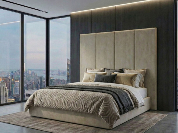 Cream velvet fabric headboard panelling paired with a matching heavy-duty ottoman bed base