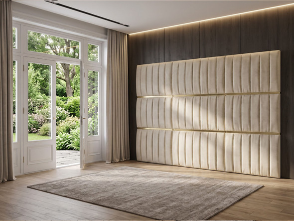 Cambridge channelled wall panels in cream velvet with gold accent strips
