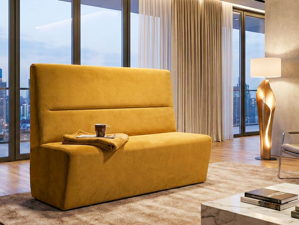 Angled view of custom size mustard velvet banquette seating. Shows solid frame construction and comfortable deep foam padding. Ideal bespoke booth furniture for home or commercial cafes.