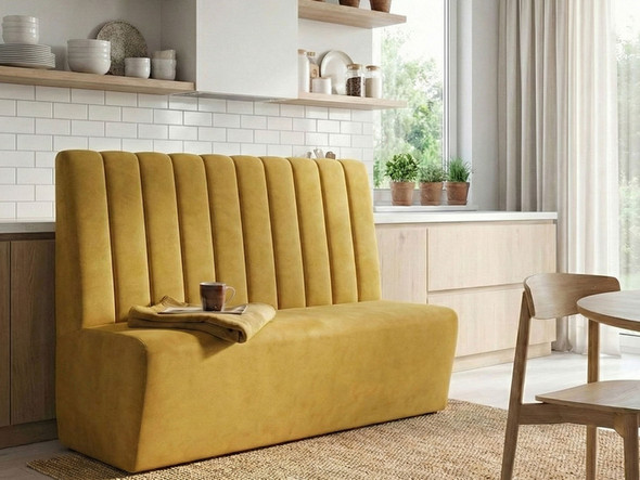 Isabella Fluted Booth Seating, handcrafted in England, offers stylish comfort for dining with customizable sizes and fabrics.