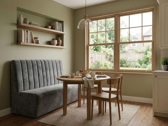 Handcrafted grey velvet upholstered dining booth bench.