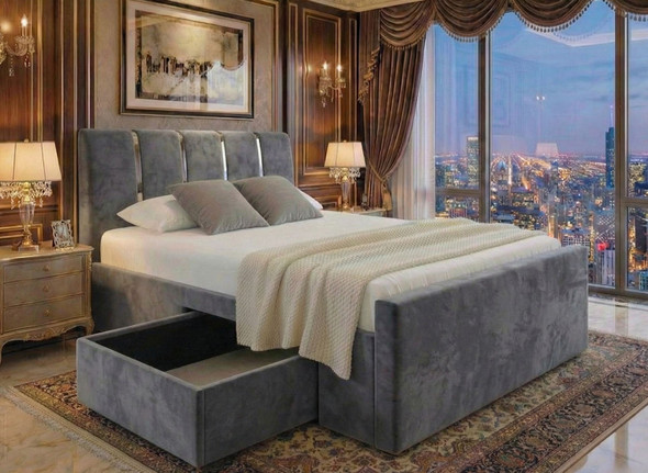 Kaia Fabric Bed Frame in Grey Velvet with Jumbo Under Bed Storage Drawer - Hush My Bed UK