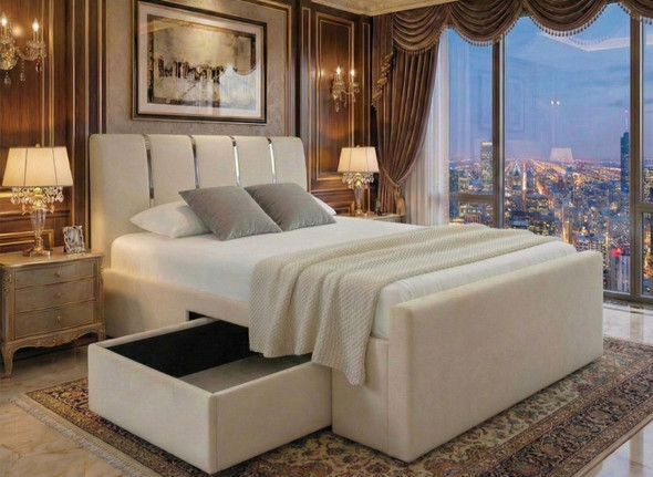 Stylish Kaia Fabric Bed Frame with a large Jumbo Drawer on castors, customizable with gold or chrome accents, rated 5 stars.