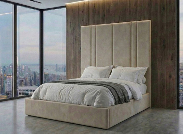 Luxurious Valerius Ottoman Storage Bed with a tall headboard, customizable sizes and fabrics, offering smart storage solutions.