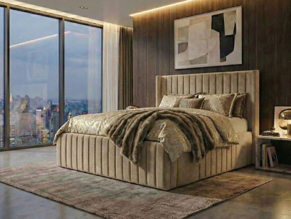 Larissa Extra High Wingback Ottoman Bed in Cream Fabric with Vertical Accent Lines - Made in UK