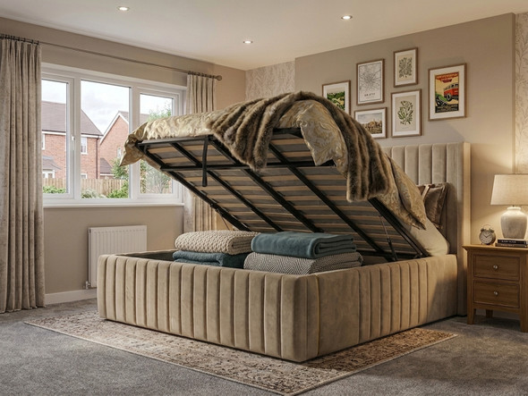 ​Open Larissa Cream Ottoman Bed Showing Deep Storage Space, Gas Lift Mechanism and Solid Base Boards