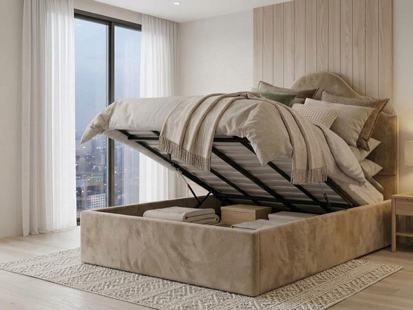 Biscuit speckle smooth velvet fabric bed, open to reveal the spacious storage area underneath the mattress, perfect for blankets and pillows.