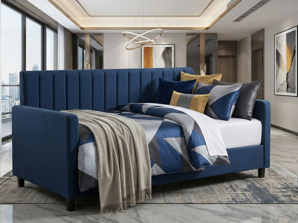 Fenella Day Bed upholstered in luxury deep blue velvet fabric with narrow fluted accent lines on the backrest