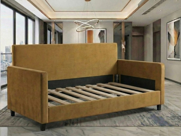 Hazel Day Bed frame in mustard velvet showing solid wooden slats base with no mattress