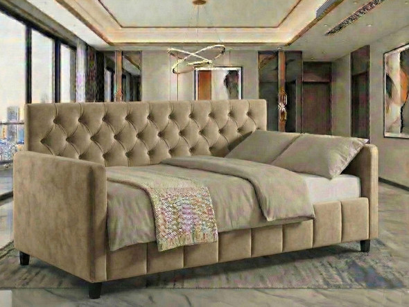 Meadow Day Bed upholstered in luxury beige velvet fabric featuring a deep diamond tufted backrest and fluted front rail accent