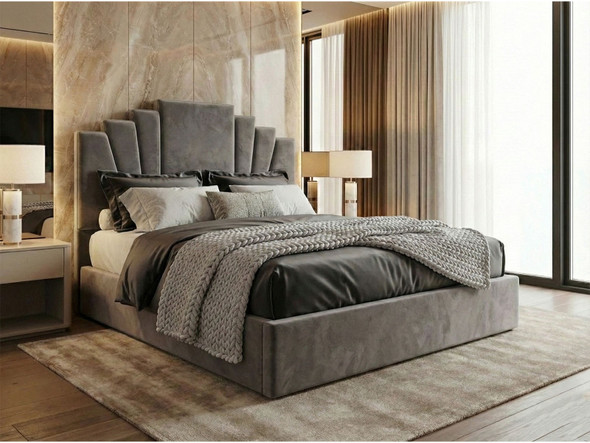 Aztec Ottoman Storage Bed Frame finished in a contemporary grey velvet fabric, showing the low footboard and detailed headboard