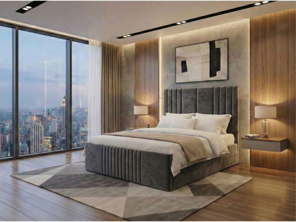 Full view of the Sofia Grey Velvet Upholstered Bed Frame featuring deep vertical grooves on the headboard.