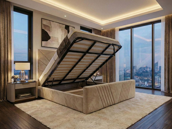 Indigo Ottoman Storage Bed Frame in beige velvet shown open with gas lift mechanism revealing spacious under-bed storage area