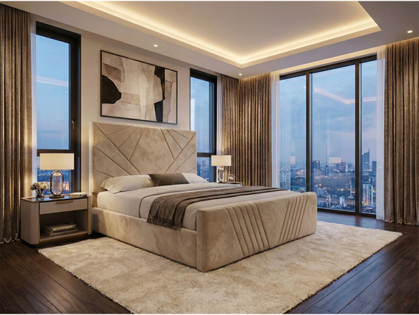 Full view of Indigo Ottoman Storage Bed Frame upholstered in beige velvet featuring diamond accented headboard design.