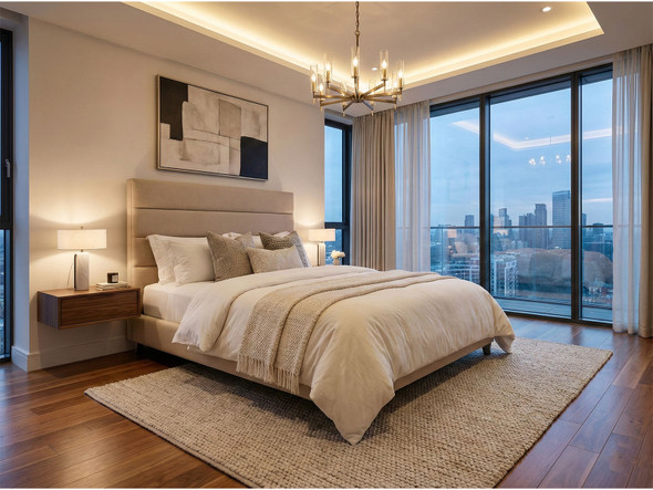 Full view of the Bruna upholstered bed frame in cream velvet, featuring a modern headboard with distinct horizontal accent panels and a low footboard design.