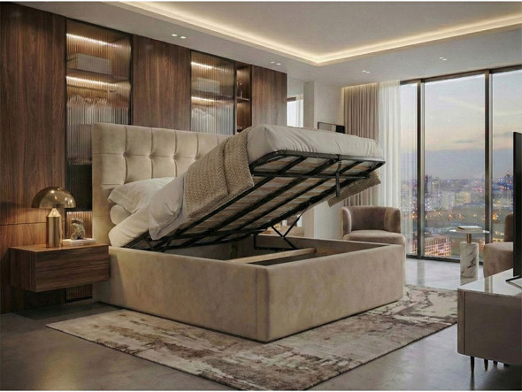 Hadria Extra Deep Ottoman bed frame lifted open to reveal large internal storage capacity with gas lift mechanism and solid base boards.