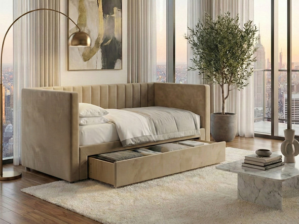 Basil Day Bed with pull out jumbo storage drawer and fluted backrest design