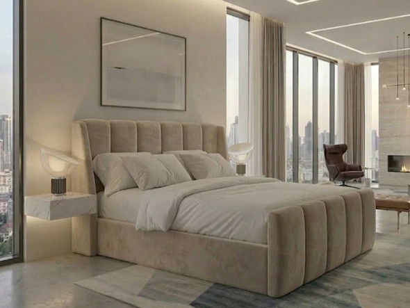 Luxury beige velvet bed frame with fluted upholstery and heavy-duty steel support bars.