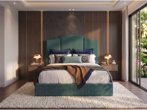 Front view of the Bruno Ottoman bed in teal fabric, showing the arched headboard with three vertical plain panels.