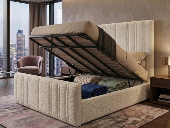 Selva off-white bouclé ottoman storage bed lifted open to reveal a spacious solid base storage area