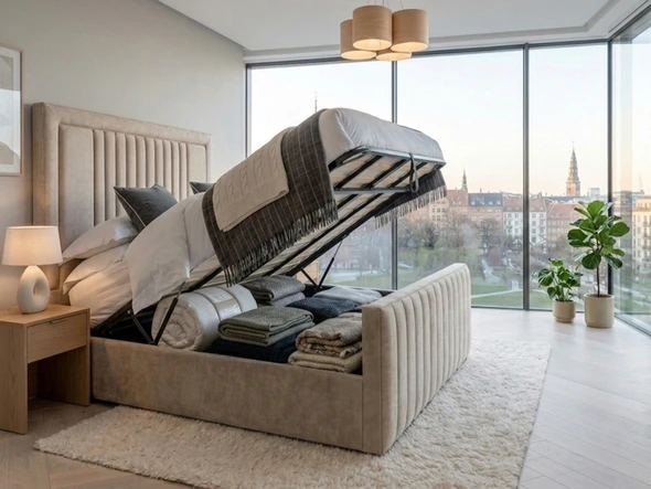 Eva Ottoman Storage Bed Frame in cream velvet, shown with the smooth gas-lift hydraulic system raised to reveal spacious, solid base storage compartments