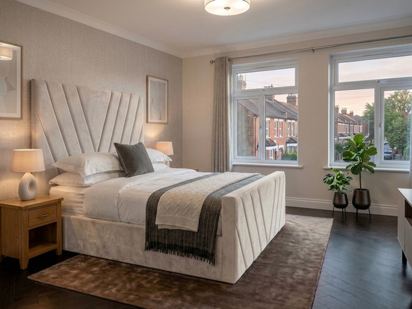 A luxurious Carmela ottoman storage bed frame beautifully upholstered in premium cream velvet fabric, featuring a tall, geometric tufted headboard.