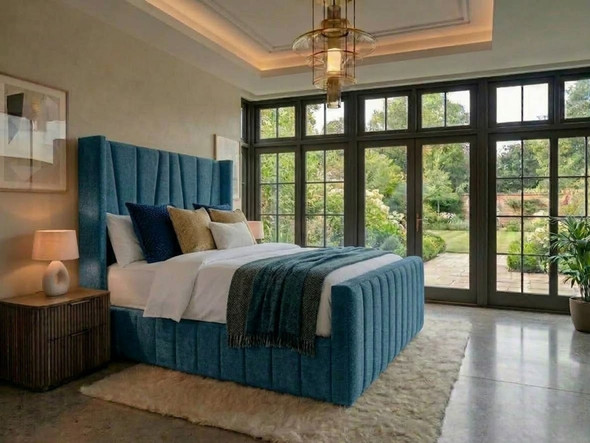 Chelo wingback ottoman bed in Teal Atlanta Soft Teddy with a fan-shaped channelled headboard, channelled side rails and a matching channelled footboard, handmade in Birmingham