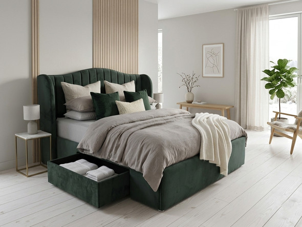 Vendela fabric bed frame in green smooth velvet with the jumbo storage drawer in the opened position
