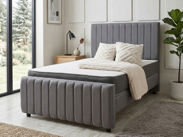 Tanja grey upholstered bed frame with Allure memory foam pocket sprung mattress by Hush My Bed