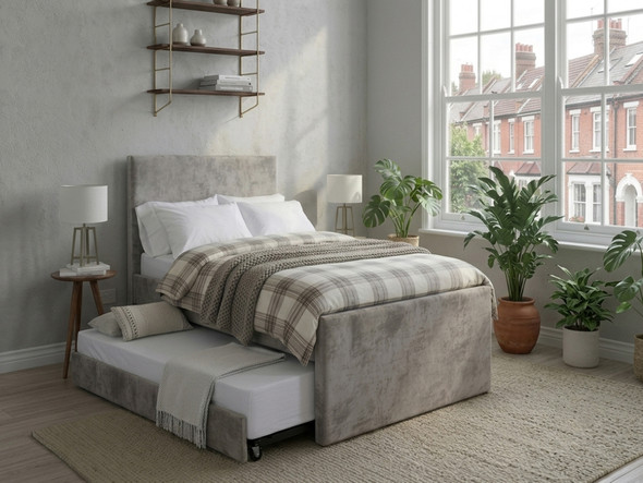Tyra silver velvet upholstered bed frame with fully assembled underbed trundle guest bed pulled out