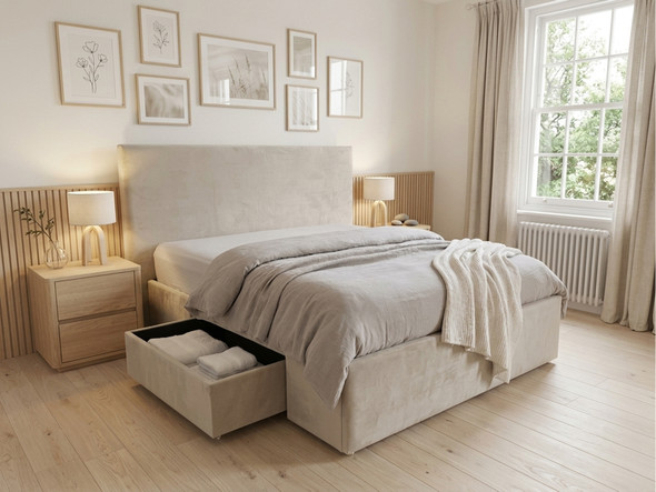Beige velvet Zanna fabric bed frame with a high padded headboard and a spacious jumbo storage drawer underneath.