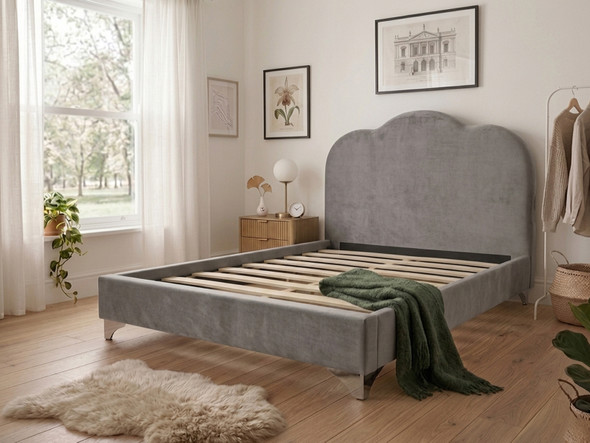 Inside view of the grey velvet Viveca bed frame without a mattress, highlighting the heavy-duty solid wooden slats and robust centre support bar.