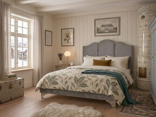 Grey linen upholstered bed frame.