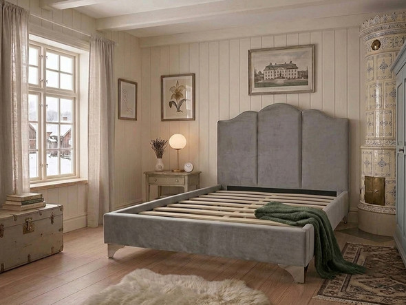 Grey linen upholstered bed frame without a mattress, showing solid wooden slats and the centre support bar.