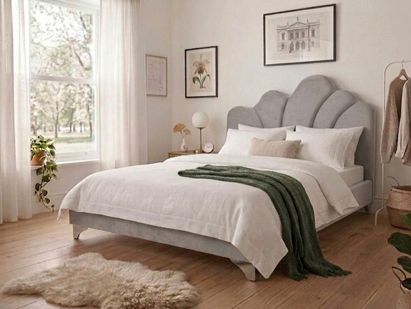 Teresia upholstered bed frame finished in luxurious grey velvet fabric, featuring a distinctive scalloped headboard with fluted channel tufting and tapered metal legs.