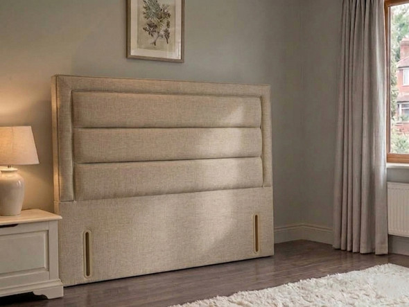​A close-up photograph displaying the textured weave of breathable and sophisticated beige linen fabric for bespoke bed upholstery.