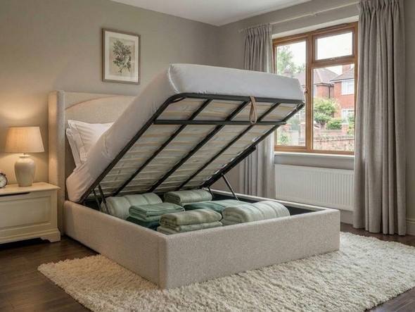 Svea Ottoman Storage Bed Frame in Atlanta Ivory soft teddy fabric, lifted open to reveal the spacious under-bed ottoman storage capacity.