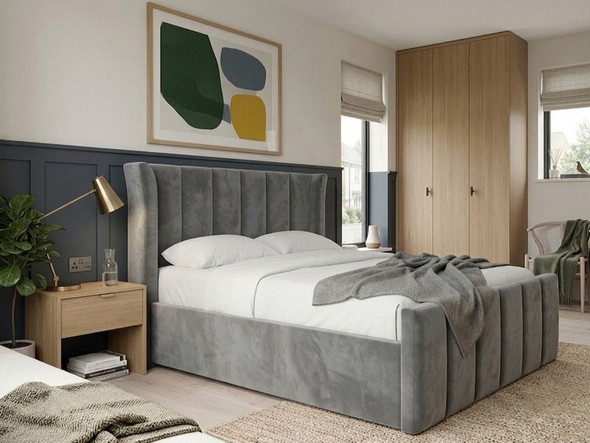 Hush My Bed Anneli Ottoman Storage Bed Frame upholstered in premium grey velvet fabric with a curved wingback headboard