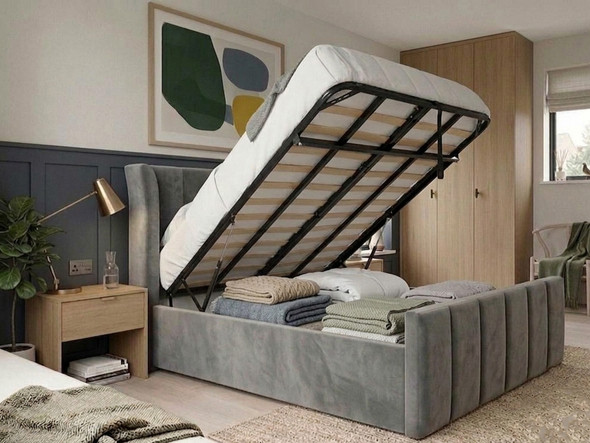 Hush My Bed Anneli Grey Velvet Ottoman Storage Bed Frame shown open revealing the spacious under-bed storage area and heavy-duty steel-reinforced frame