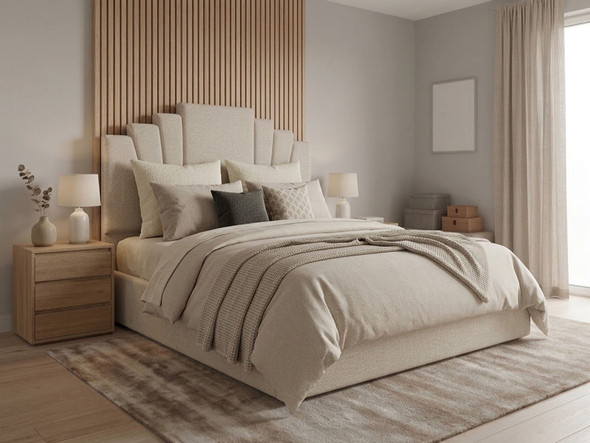 An upholstered ottoman bed frame upholstered in a pale cream velvet fabric, with the mattress base in the closed position.