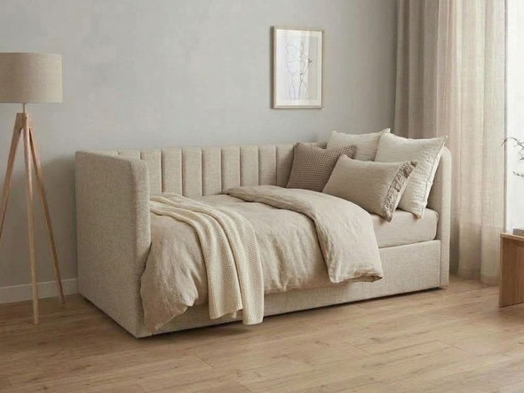 Aera guest daybed sofa upholstered in sand tweed wool textured fabric