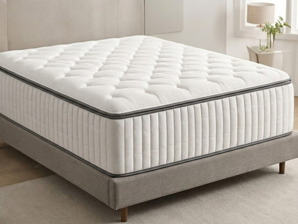 Seraphine 1000 pocket sprung mattress with deeply quilted top and soft knitted cover on a grey upholstered bed